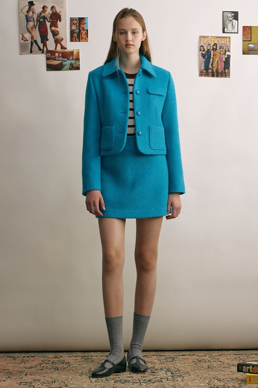[SET]NOTTING HILL Boucle wool jacket + MAYFAIR A-line wool mini skirt (Turquoise blue)