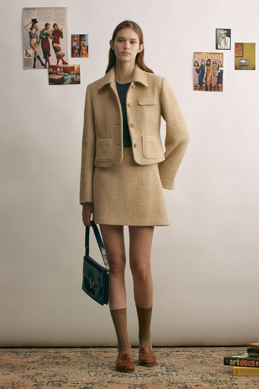 [SET]NOTTING HILL Boucle wool jacket + MAYFAIR A-line wool mini skirt (Light beige)