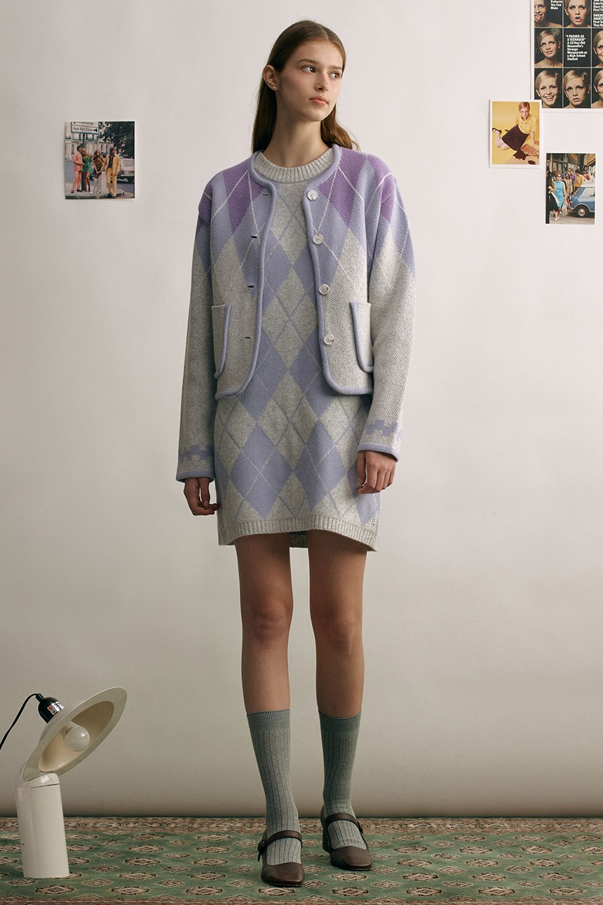 [SET]HAPPINESS Argyle wool knit cardigan + PICCADILLY Argyle wool knit one piece (Light purple)