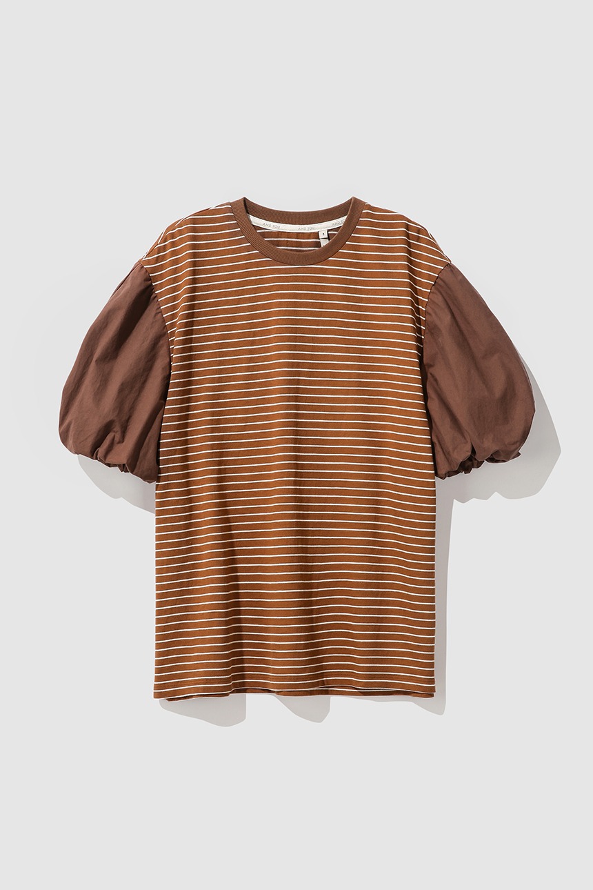 PUBBLICO Balloon sleeve stripe T-shirt (Brown&amp;Ivory)